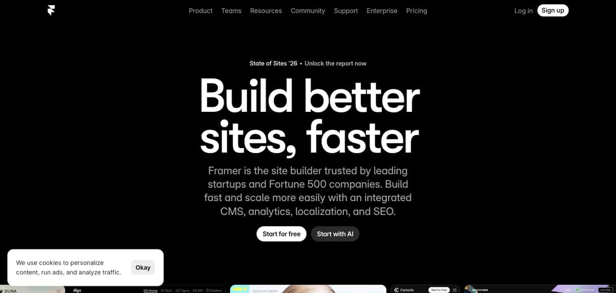 Framerの公式サイトのトップ画面。「Build better sites, faster」の見出しと「Start for free」「Start with AI」ボタンが表示されている